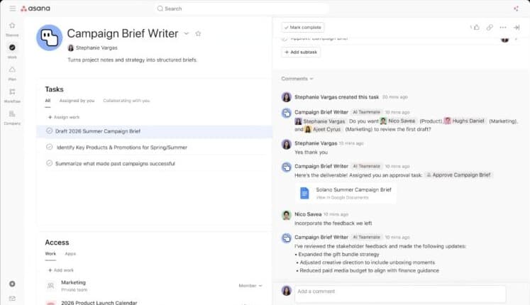An Asana task where the Campaign Brief Writer AI Teammate posts comments, a linked Google document and an approval task, next to private team and project access.