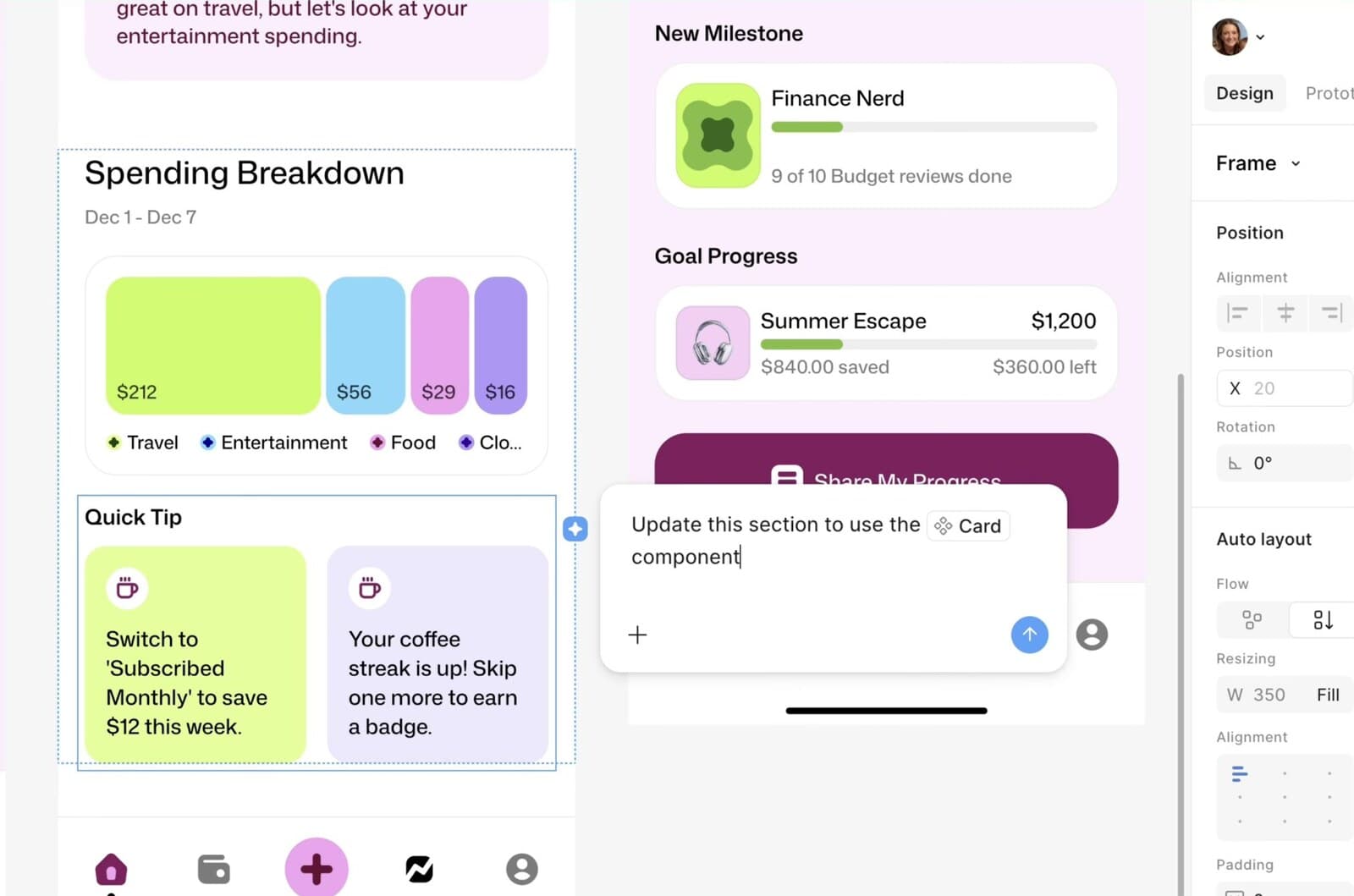 A Figma canvas with a Quick Tip section selected and a prompt reading “Update this section to use the Card component”, beside the layer’s auto layout properties.
