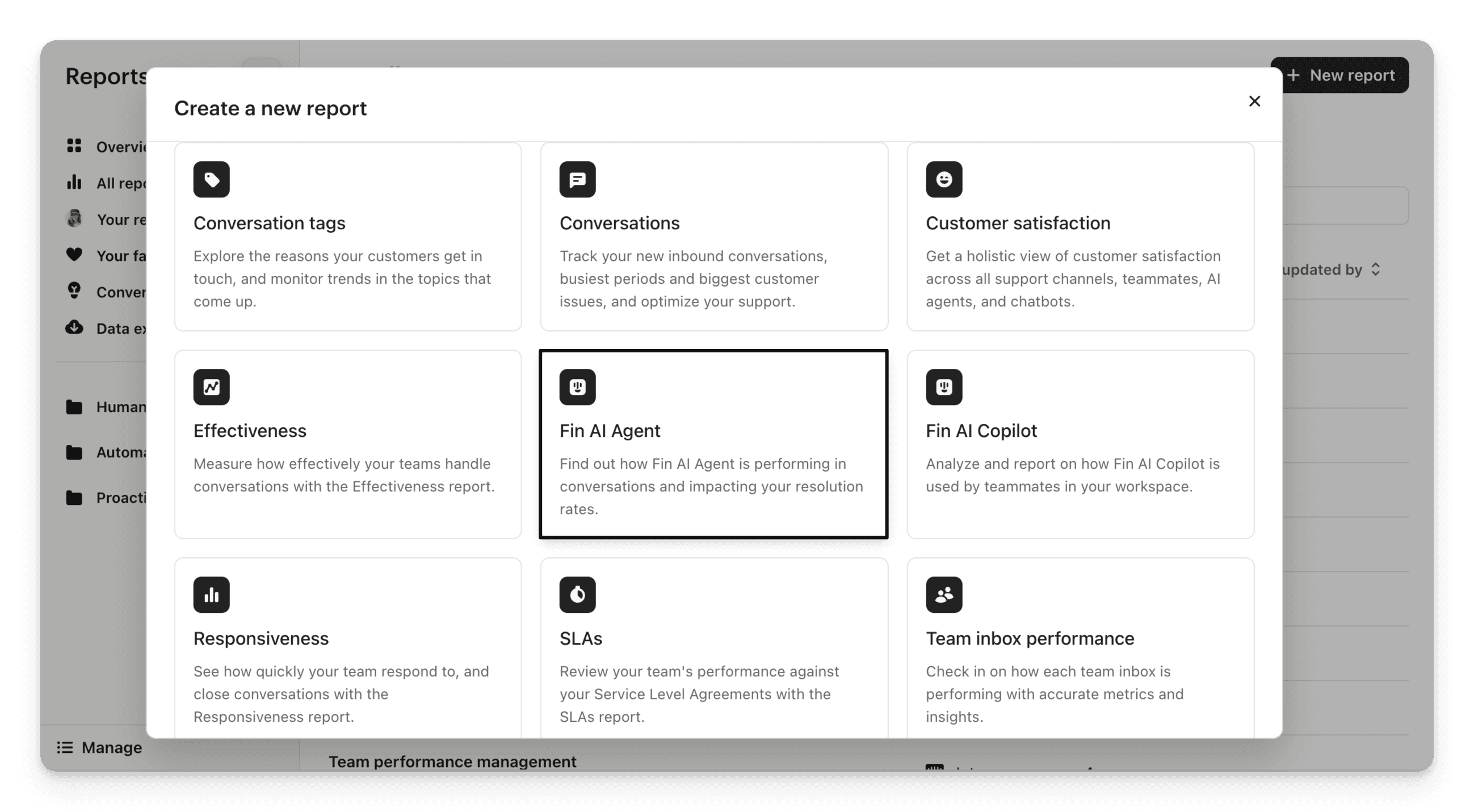 Intercom’s Create a new report menu, with a Fin AI Agent report for resolution rates.