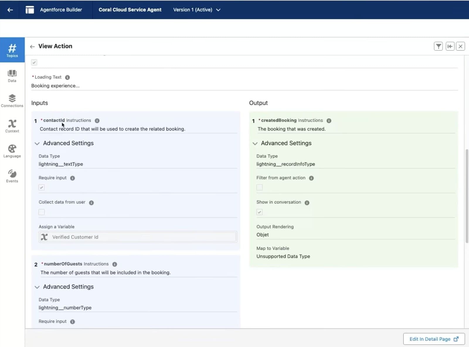 Agentforce Builder’s booking action: the required contactId input is assigned the Verified Customer Id variable, and Collect data from user is unchecked.