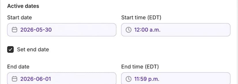 Sidekick’s filled-in Shopify discount form, active from May 30, 2026 at 12:00 a.m. to June 1 at 11:59 p.m. EDT.